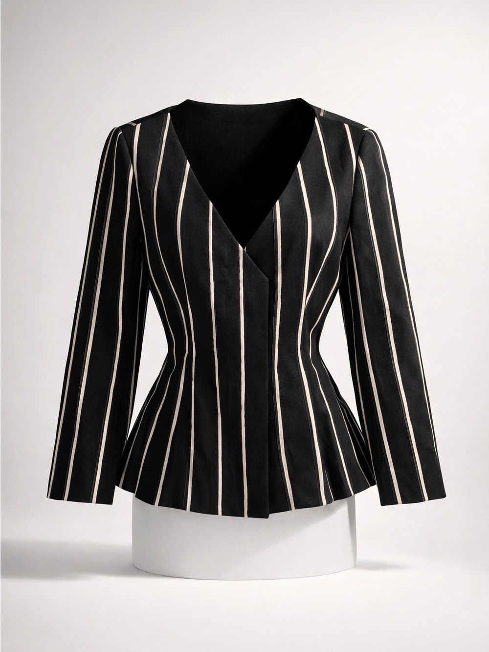 Protagonist V Neck Fitted Blazer, black chambray w/white&brown stripes, 6, NWOT